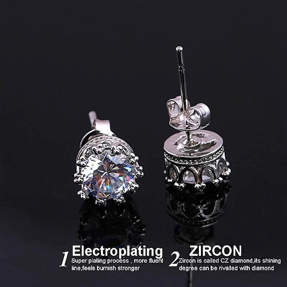 3 ctw 18k White Gold S925 Crown Stud Diamond Simulate Earrings - Picture 3 of 14